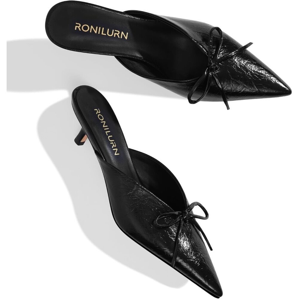 👉 RONILURN Kitten Heel Black Faux Leather Women Pumps Bow Closed Toe Pointed Toe - Picture 3 of 8
